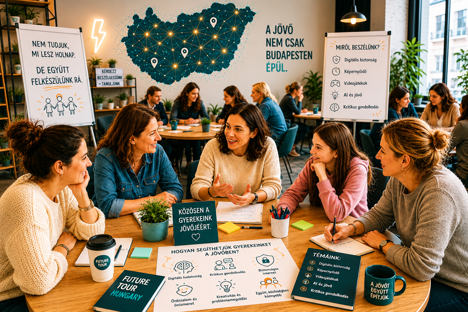 Future Tour workshop, fiatalok közösen dolgoznak digitális eszközökkel